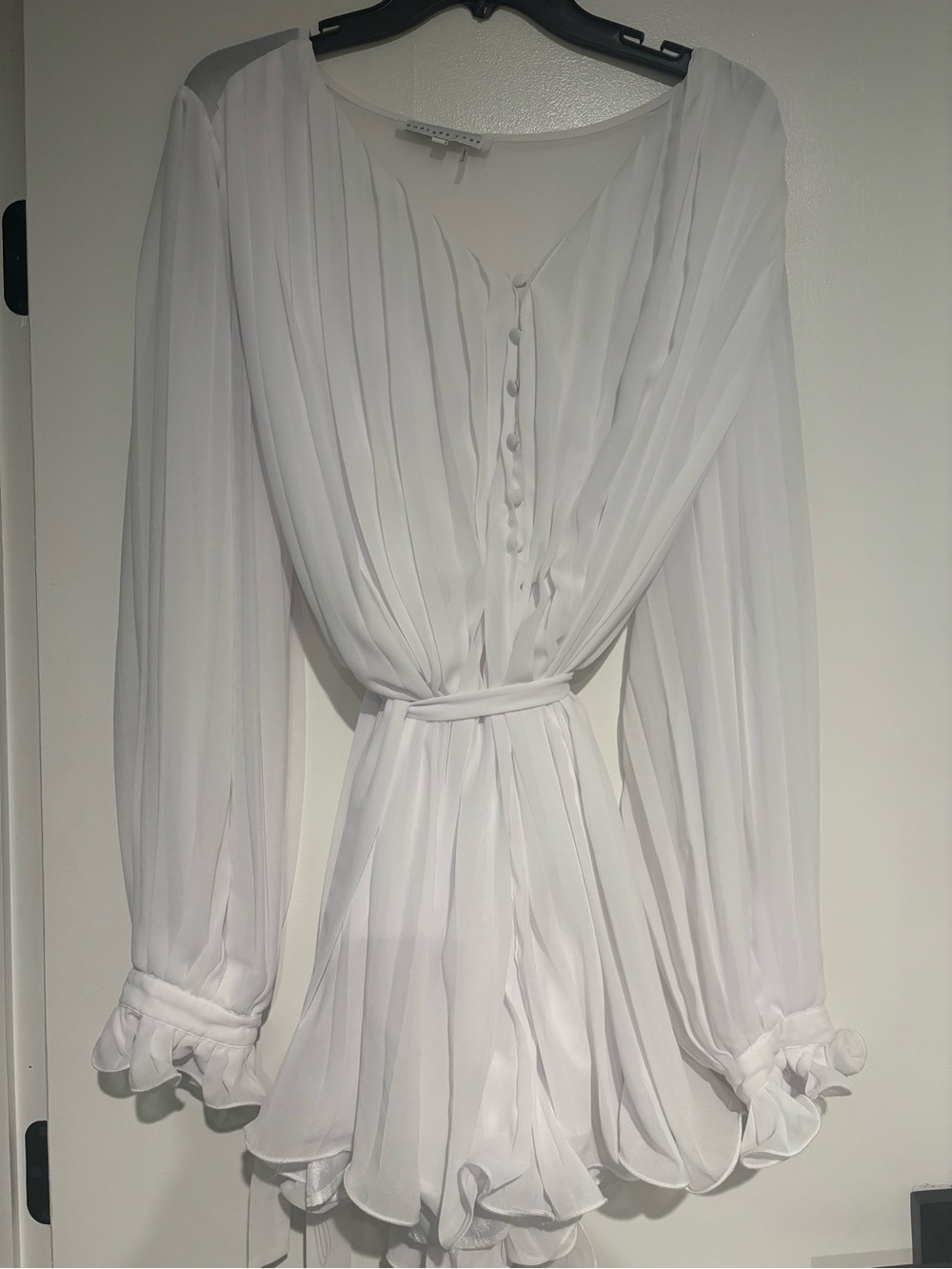 White Pleated Long-Sleeve Belted Dress